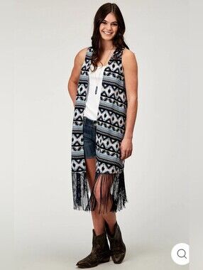 Roper Navy Aztec Printed  Rayon Vest W/ Racer Back Cardigan Long Fringe Sz M